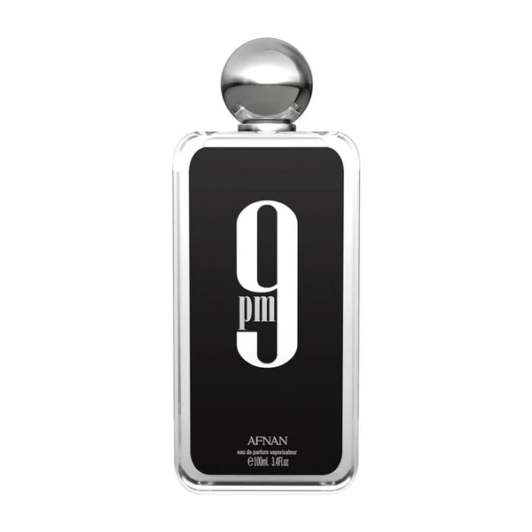Frasco do perfume árabe Afnan 9 PM Eau de Parfum masculino em fundo branco oficial