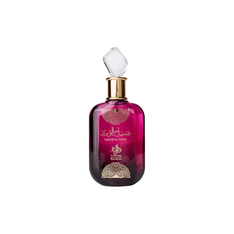 Frasco oficial do perfume árabe feminino Al Wataniah Sabah Al Ward Eau de Parfum 100ml em fundo neutro