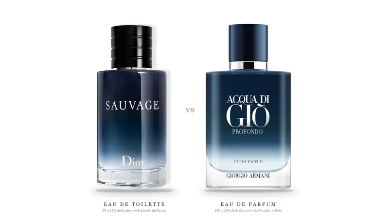 Duelo de concentrações entre frascos oficiais de Dior Sauvage Eau de Toilette e Acqua di Giò Profondo Eau de Parfum com laudo técnico e marca d'água O Perfumístico.