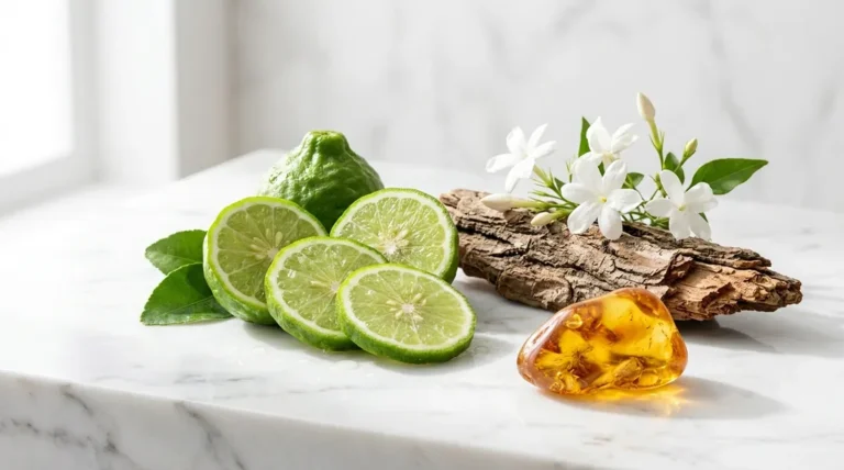 Ingredientes naturais das principais famílias olfativas da perfumaria: bergamota cítrica, madeira de cedro, jasmim floral e âmbar resinoso sobre mármore branco
