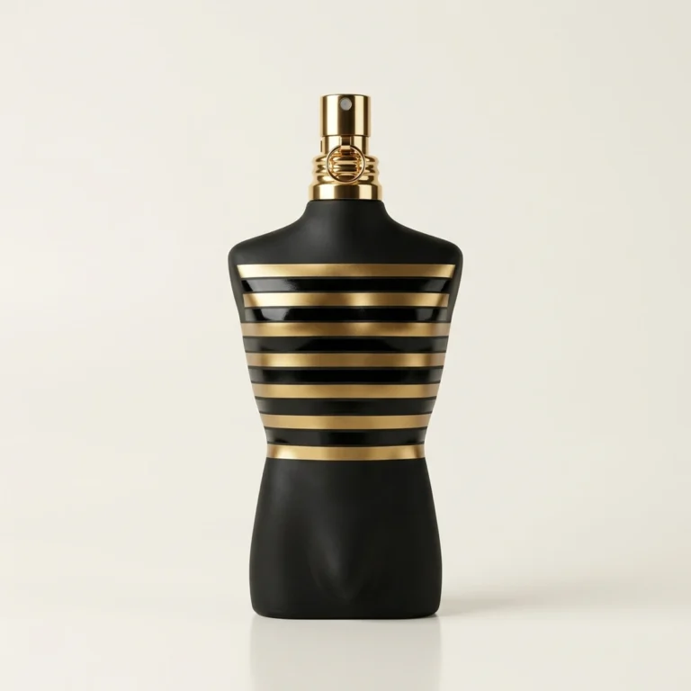Frasco oficial do perfume Jean Paul Gaultier Le Male Le Parfum Eau de Parfum Intense em fundo neutro de estúdio fotográfico