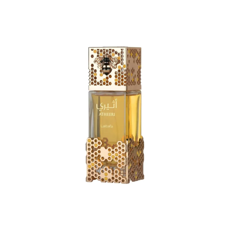 Frasco oficial de Lattafa Atheeri Eau de Parfum com abelha dourada esculpida