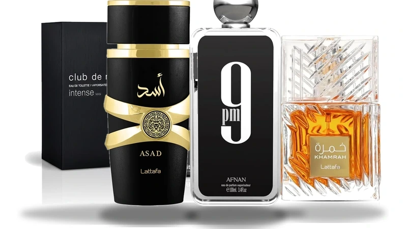 Os melhores perfumes árabes masculinos: Club de Nuit Intense Man, Lattafa Asad, Afnan 9 PM e Khamrah Lattafa sobre fundo branco de estúdio com marca d'água oficial O Perfumístico.