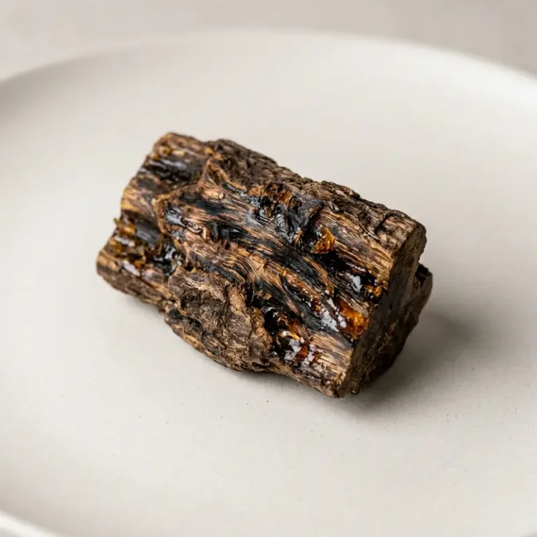 Lascas nobres de madeira de Oud (Agarwood) e resina aromática em fundo de estúdio