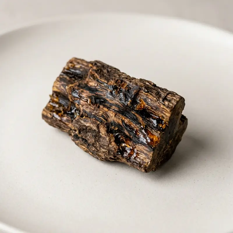Lascas nobres de madeira de Oud (Agarwood) e resina aromática em fundo de estúdio