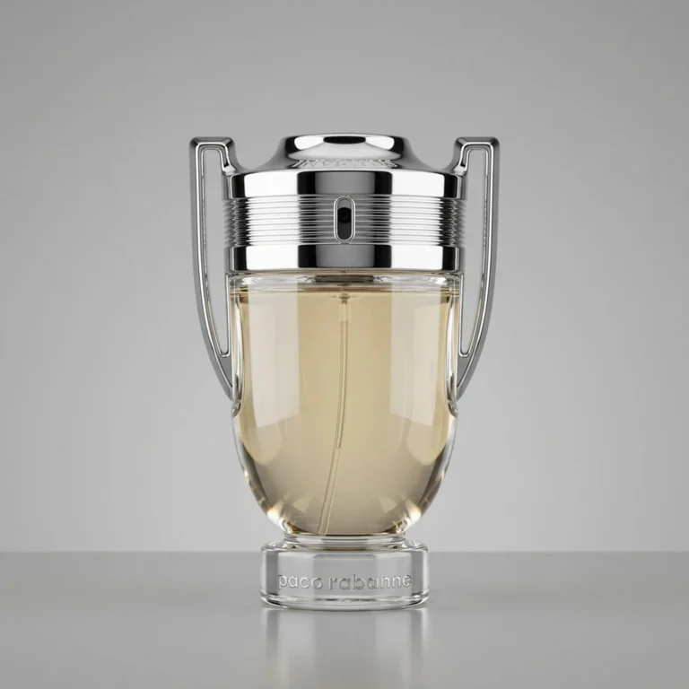 Frasco oficial do perfume Paco Rabanne Invictus Eau de Toilette em fundo neutro de estúdio fotográfico