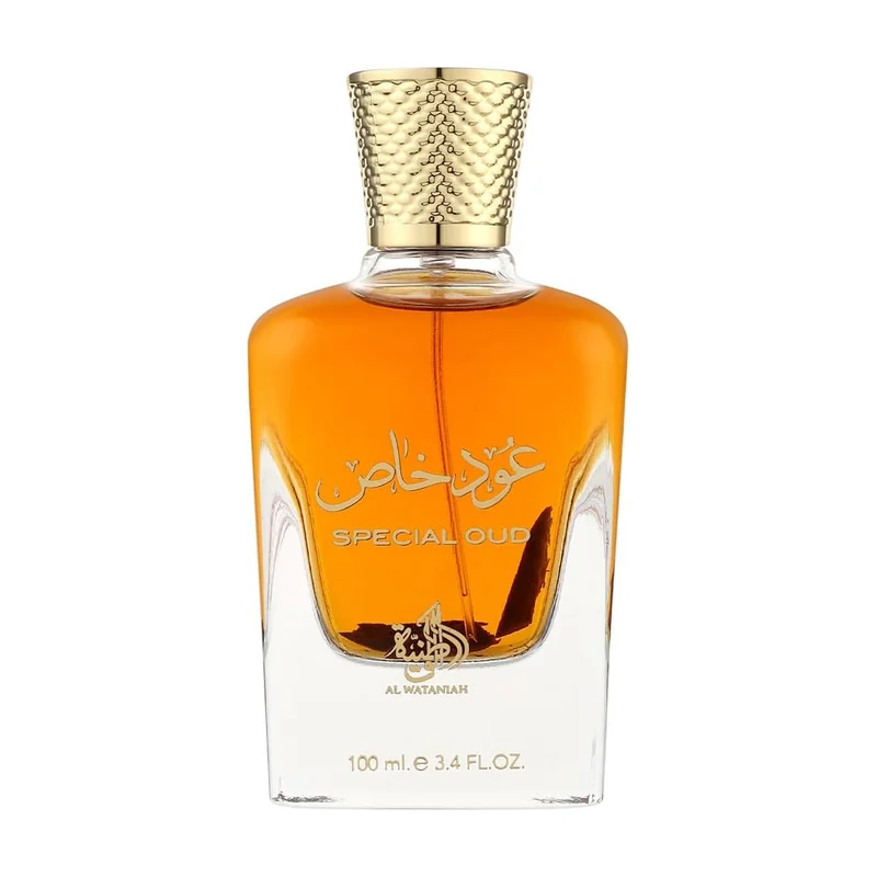 Frasco oficial luxuoso com detalhes nobres do perfume árabe Al Wataniah Special Oud em fundo branco