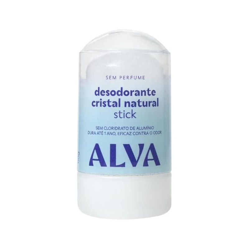 Alva Cristal Stick Sensitive Vegano: desodorante sem cheiro em pedra mineral que vale a pena sem manchar camisas e respeita o perfume na pele.