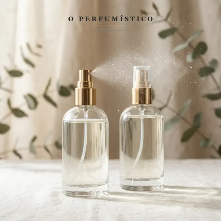 Dois frascos elegantes de vidro transparente de body splash com válvula spray borrifando névoa fina refrescante em estúdio profissional de perfumaria com marca d'água O Perfumístico