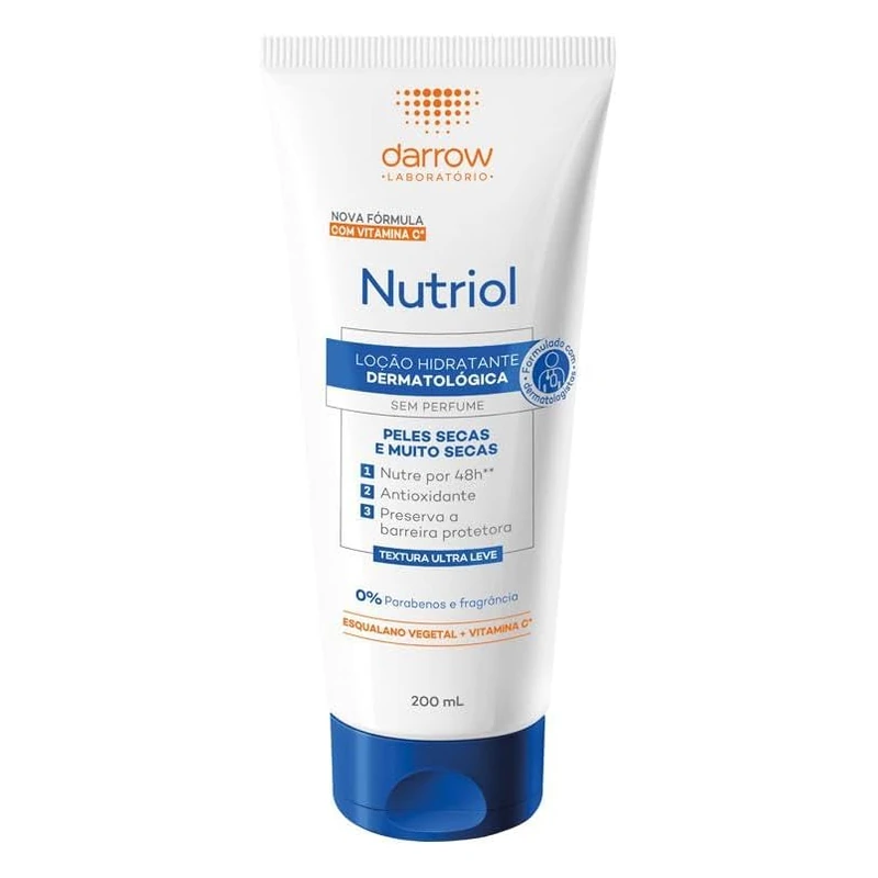 Darrow Nutriol Loção Hidratante Sem Perfume 200ml: hidratante corporal sem cheiro leve para calor de 32°C e fixação na pele.