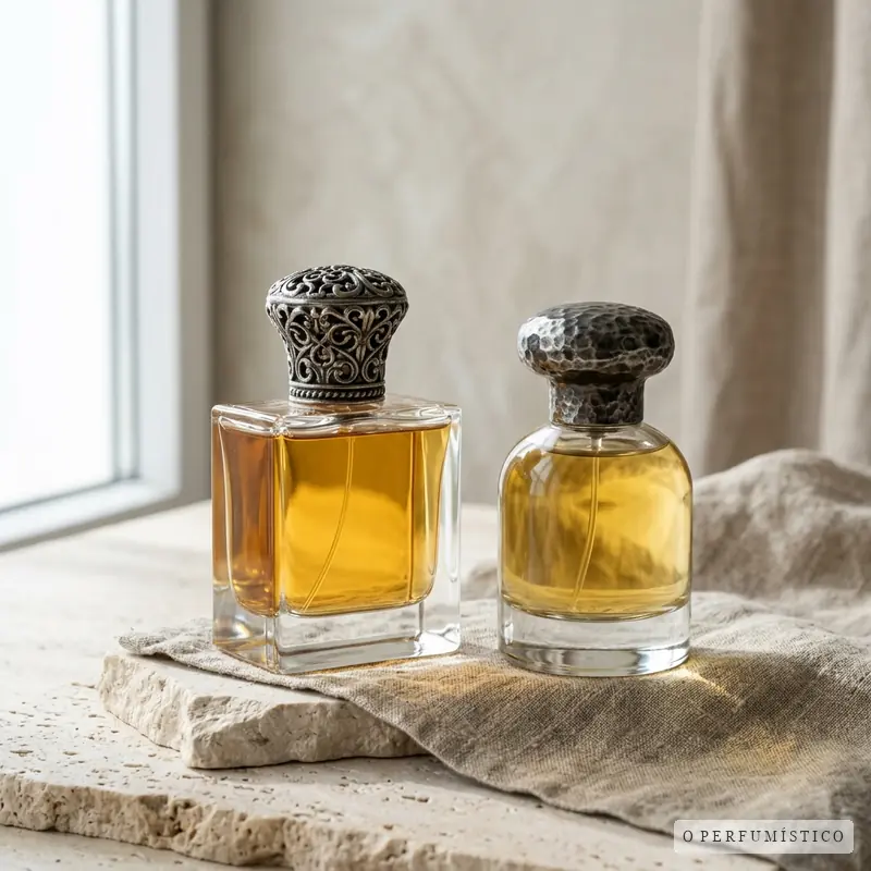 Dois frascos imponentes de perfume de nicho em vidro óptico italiano polido e tampas metálicas maciças em liga de Zamac esculpida sobre pedra e linho com marca d'água O Perfumístico