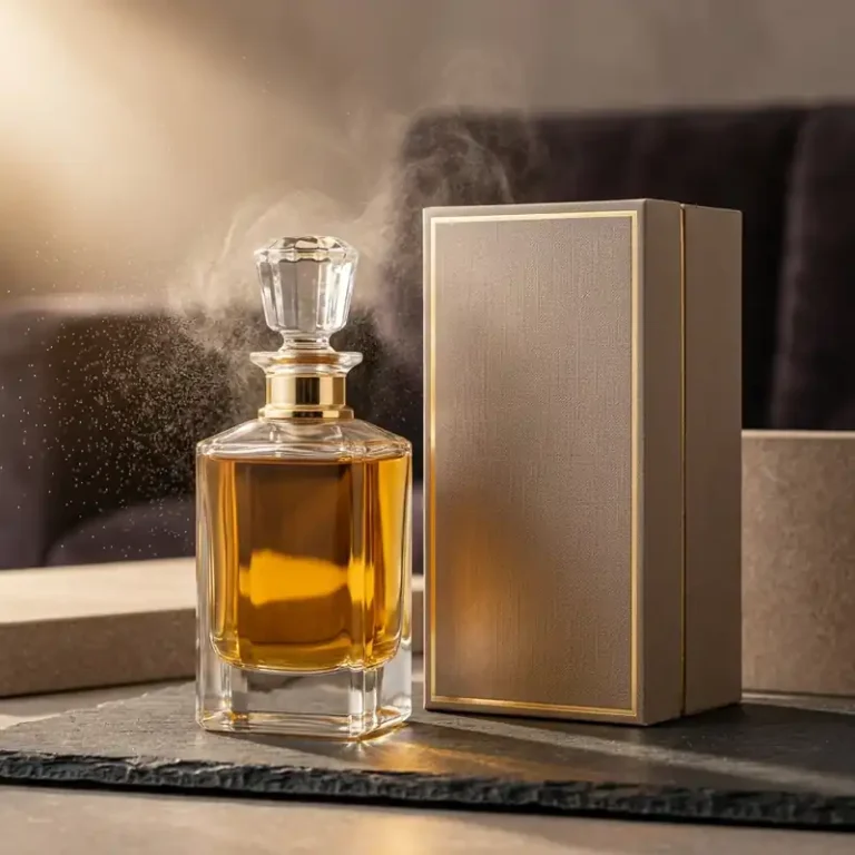 Frasco clássico de alta perfumaria em vidro transparente ao lado de sua caixa de papelão protetora ilustrando a durabilidade e conservação de fragrâncias finas