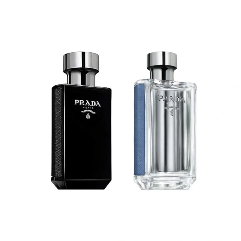 Prada L'Homme Intense e L'Eau lado a lado com análise de fixação na pele, projeção e ocasião de compra.