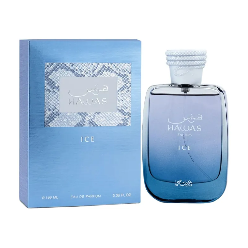 Rasasi Hawas Ice Eau de Parfum vale a pena: frasco oficial em teste de fixação na pele e frescor aquático no calor.