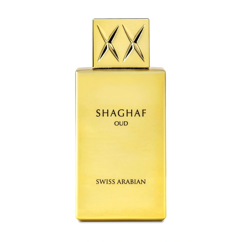 Frasco oficial dourado espelhado em formato de lingote do perfume árabe Swiss Arabian Shaghaf Oud em fundo branco