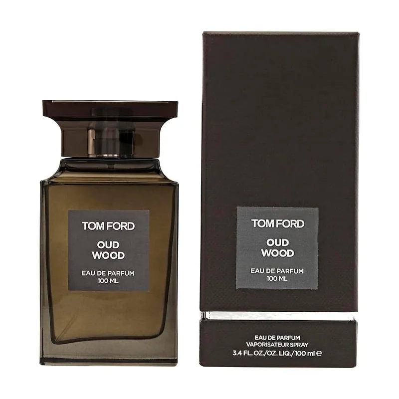 Frasco oficial fumê quadrado clássico do perfume importado Tom Ford Private Blend Oud Wood em fundo branco