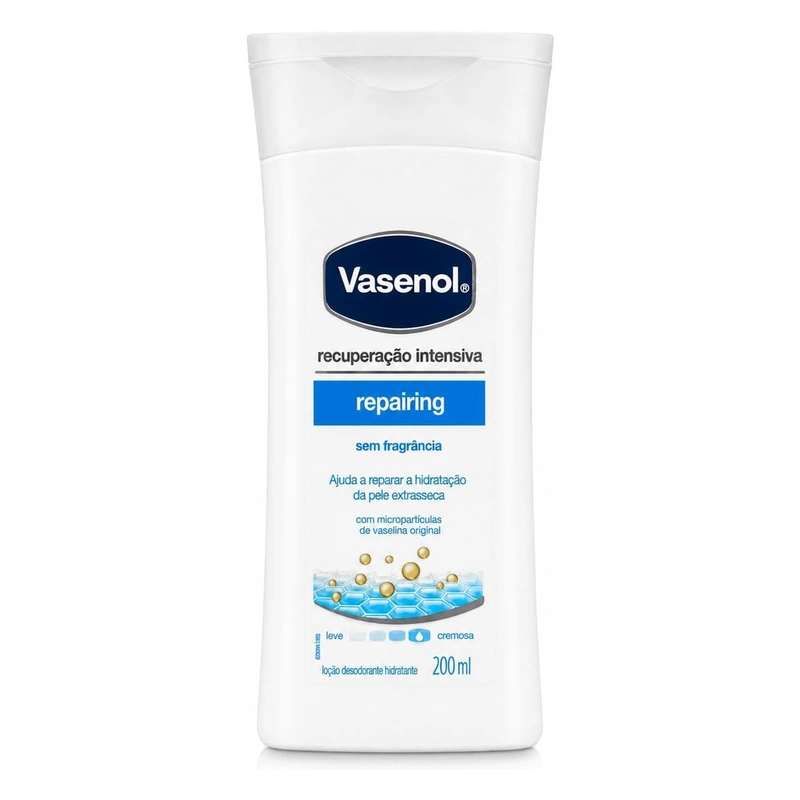 Vasenol Recuperação Intensiva Sem Fragrância 200ml: hidratante neutro barato que vale a pena e melhora a fixação na pele.