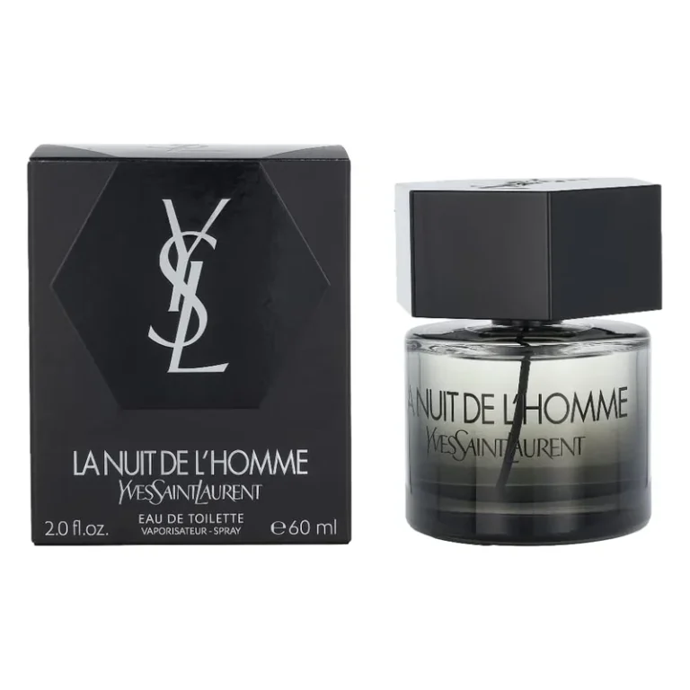 Frasco oficial cilíndrico com tampa hexagonal preta do perfume importado Yves Saint Laurent La Nuit de L'Homme Eau de Toilette em fundo branco
