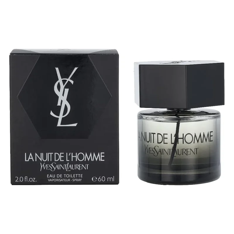 Frasco oficial cilíndrico com tampa hexagonal preta do perfume importado Yves Saint Laurent La Nuit de L'Homme Eau de Toilette em fundo branco