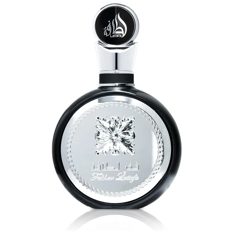 Frasco oficial do perfume Lattafa Fakhar Black Eau de Parfum em preto fosco com brasão metálico prateado